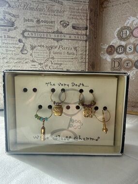 Vintage 2001 Gold Tone Wine Glass Charms Set with Mixed Accent Beads NEW